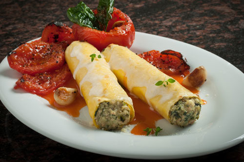 Cannelloni Florentine with Roasted Tomatoes and Smoked Mozzarella Cheese