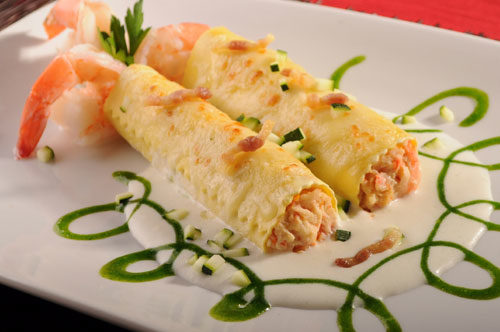 Lobster, Shrimp, & Scallop Cannelloni with Zucchini, Crispy Pancetta and Shrimp in Brandy Cream and Parsley EVO