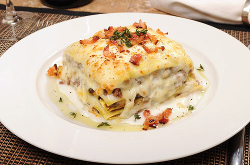 White Lasagna with Braised Beef, Fontina, Mushrooms, White Truffle Oil and Pancetta