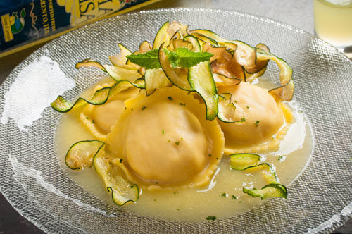 Lobster, Shrimp, & Scallop Ravioli with Zucchini, Limoncello Beurre Blanc and Dust