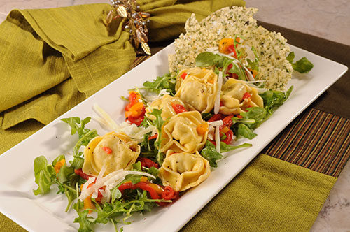 Chicken and Prosciutto Tortelloni with Arugula and Smoked Peppers
