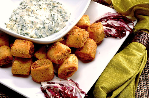 Chicken and Artichoke Cannelloni Bites with Spinach and Artichoke Dip