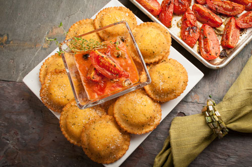 Breaded Beef Ravioli with Roasted Tomato Dip