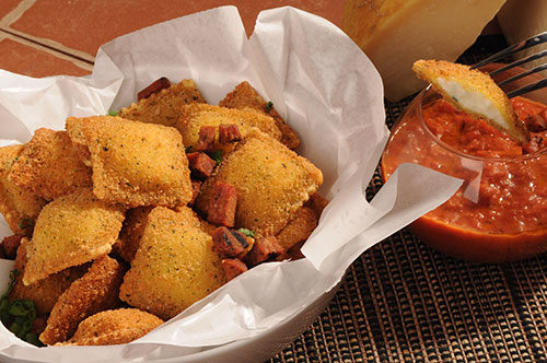 Breaded Four Cheese Ravioli with Grilled Andouille Sausage and Creole Tomato Sauce Recipe Photo