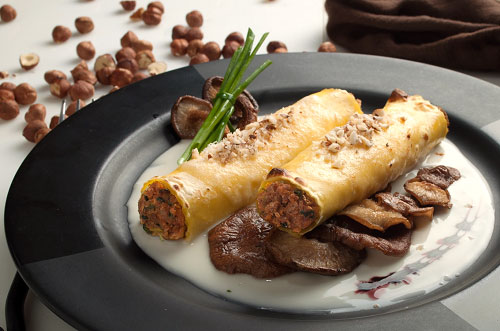 Beef & Pork Cannelloni with Shiitake Mushrooms, Hazelnuts and Gorgonzola Dolce Sauce