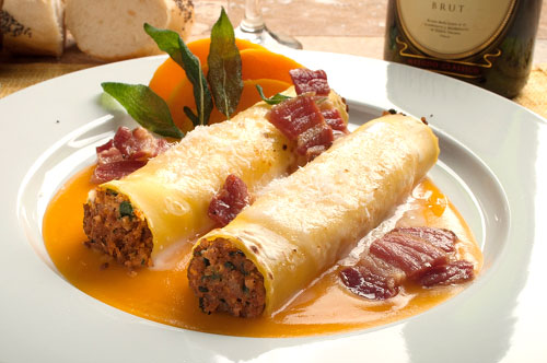 Beef & Pork Cannelloni with Butternut Squash Veloute, Salted Pork Belly and Flash Fried Sage