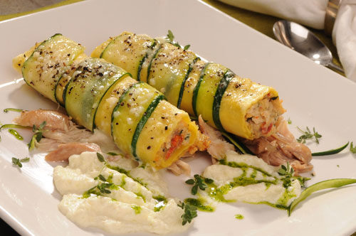 Roasted Chicken Cannelloni with Zucchini Mousse and Chicken Confit