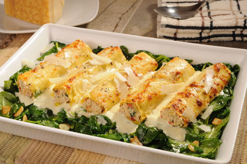 Roasted Chicken Cannelloni with Parmigiano Reggiano Cream and Wilted Spinach