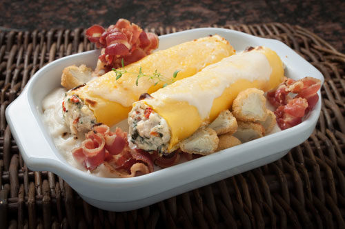 Roasted Chicken Cannelloni with Artichoke Béchamel and Pancetta Curls