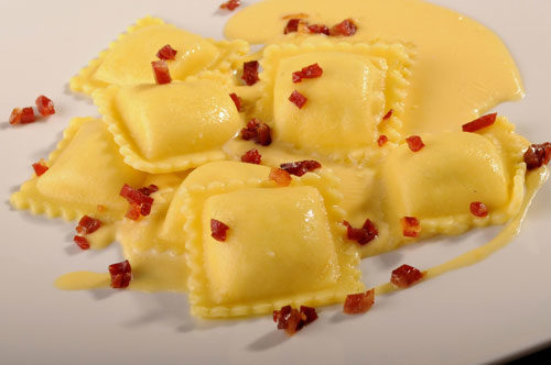 Four Cheese Ravioli with Sharp Cheddar and Bacon