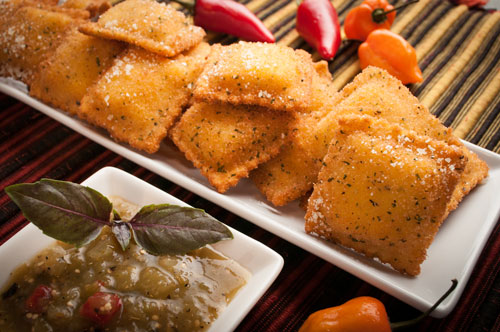 Toasted Cheese Ravioli with Tomatillo Sauce