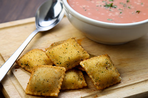 Toasted Cheese Ravioli & Tomato Basil Soup