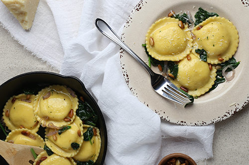 Spinach and Cheese Ravioli with Sauteéd Spinach & Roasted Pine Nuts in Brown Butter Sauce