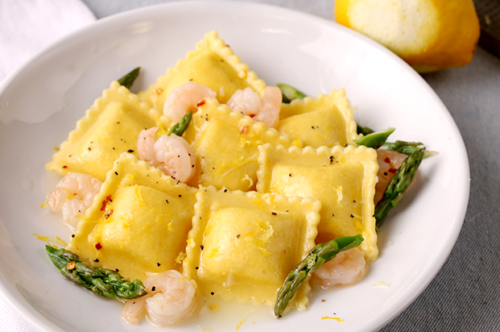 Four Cheese Ravioli with Shrimp & Asparagus