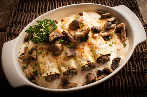 Beef & Pork Cannelloni with Baby Bella and Alfredo and Fontina Cheese