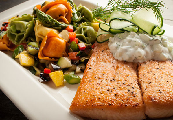 salmon with a side of tri-colored pasta