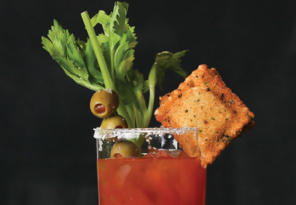 A Bloody Mary with a Toasted Ravioli Garnish